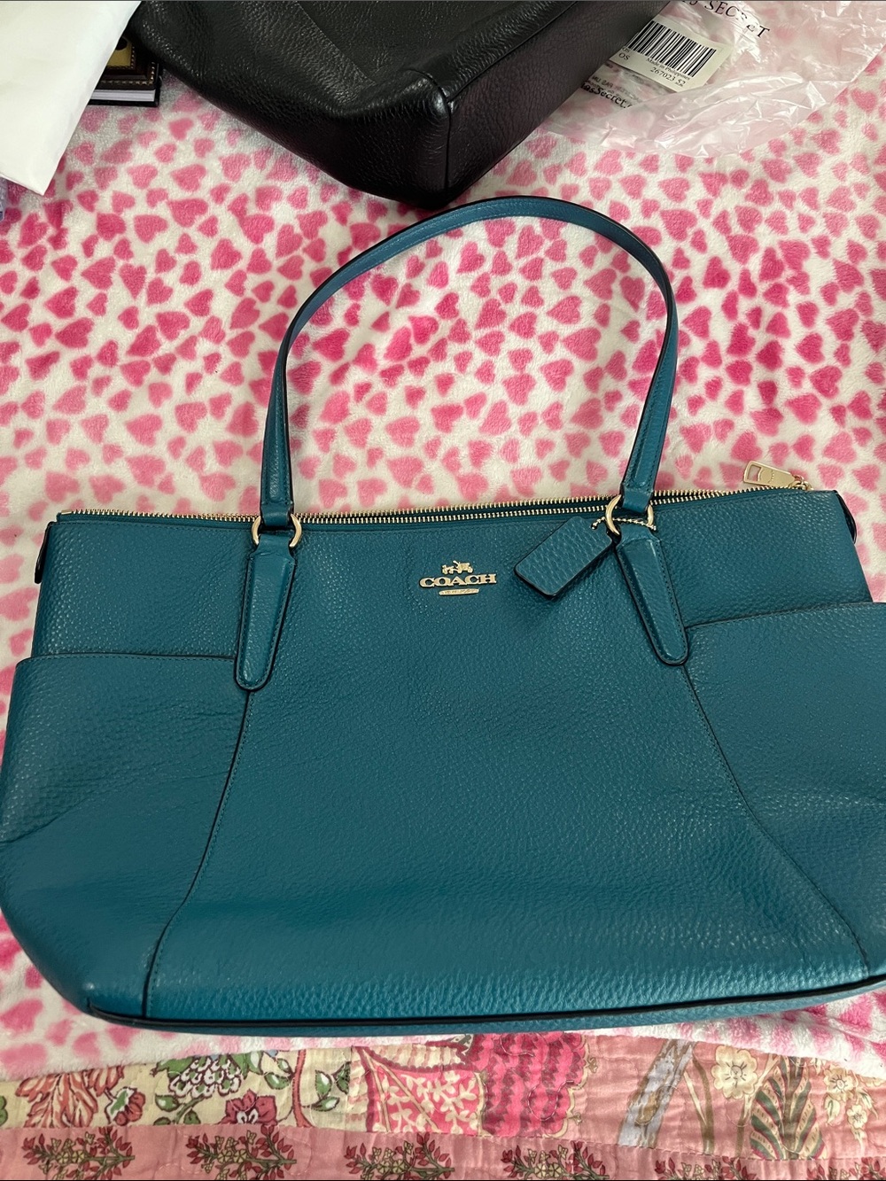 COACH Teal Pebbled Leather Tote with Gold Hardware